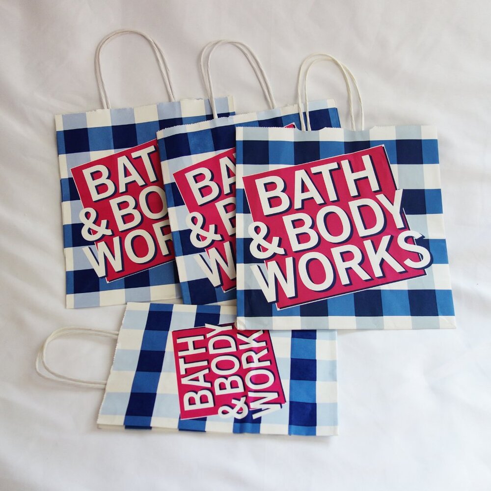 Bath & Body Works 4 Classic style Blue Pink Gingham shopping bags (M-S) NEW
